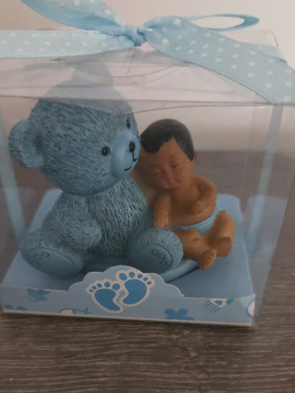 Blue Teddy Bear with Sleeping Baby Figurine in Gift Box